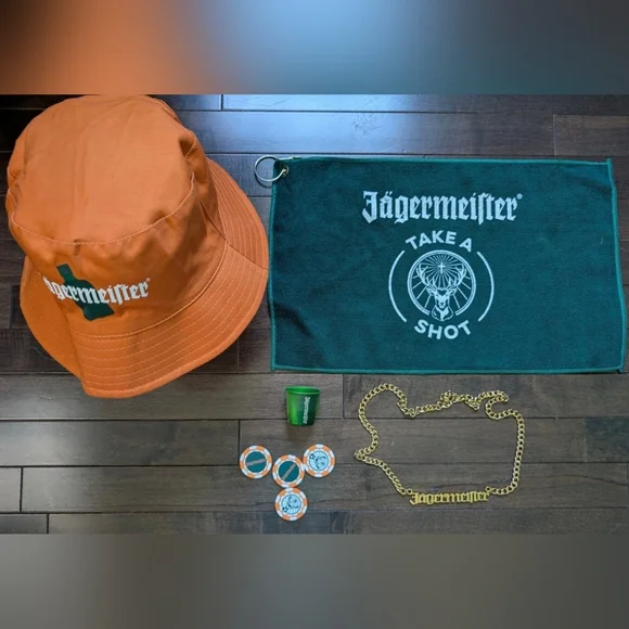 Jägermeister Promo Swag Bundle—Reversible Bucket Hat, Bar Towel, Necklace, Chips - Picture 2 of 7
